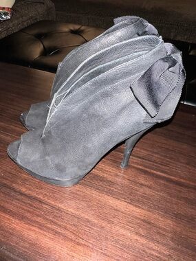 Vera Wang Black Suede Peep-Toe Stiletto Booties with Bow Accent